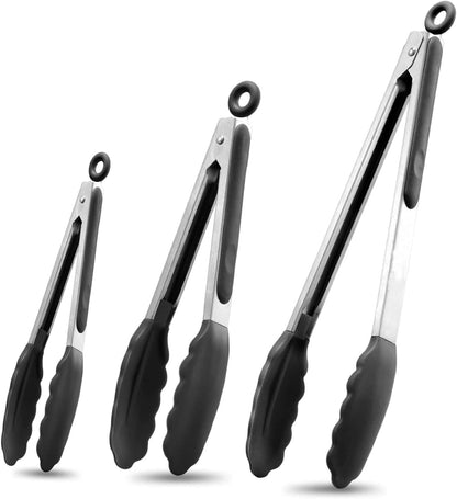 Kitchen Tongs with Silicone Tips,Tongs for Cooking Heat Resistant 600 Degrees Stainless Steel Locking Tongs,Grass Green Set of 3-7", 9" and 12"