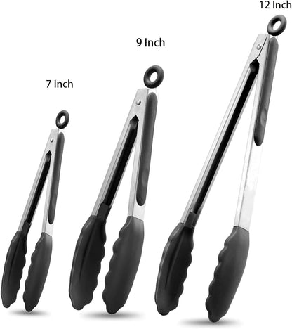 Kitchen Tongs with Silicone Tips,Tongs for Cooking Heat Resistant 600 Degrees Stainless Steel Locking Tongs,Grass Green Set of 3-7", 9" and 12"