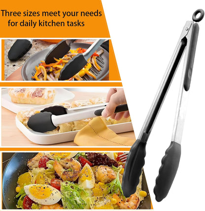 Kitchen Tongs with Silicone Tips,Tongs for Cooking Heat Resistant 600 Degrees Stainless Steel Locking Tongs,Grass Green Set of 3-7", 9" and 12"