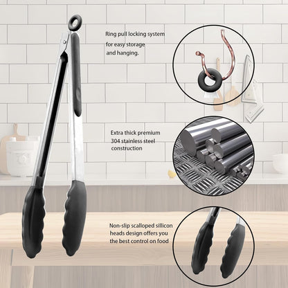 Kitchen Tongs with Silicone Tips,Tongs for Cooking Heat Resistant 600 Degrees Stainless Steel Locking Tongs,Grass Green Set of 3-7", 9" and 12"