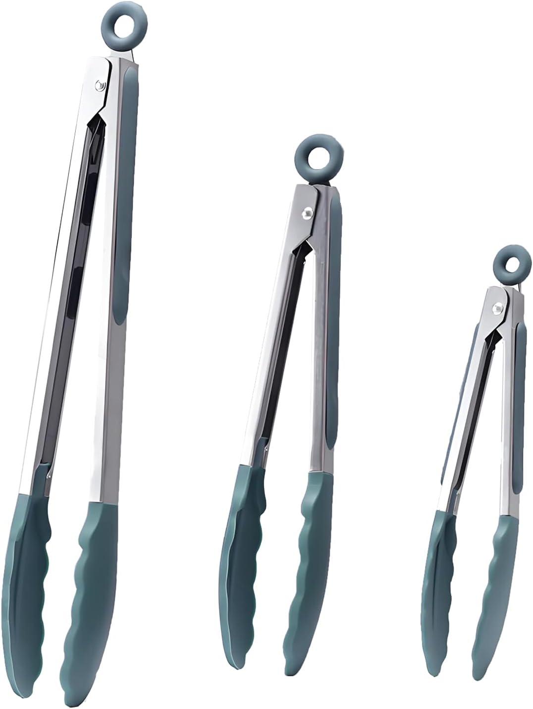 Kitchen Tongs with Silicone Tips,Tongs for Cooking Heat Resistant 600 Degrees Stainless Steel Locking Tongs,Grass Green Set of 3-7", 9" and 12"