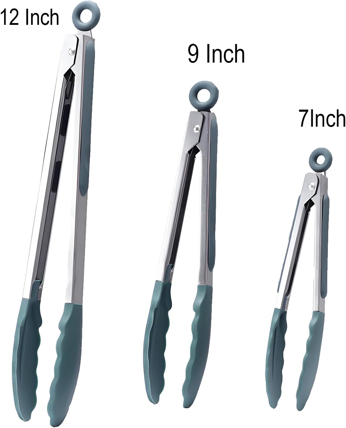 Kitchen Tongs with Silicone Tips,Tongs for Cooking Heat Resistant 600 Degrees Stainless Steel Locking Tongs,Grass Green Set of 3-7", 9" and 12"