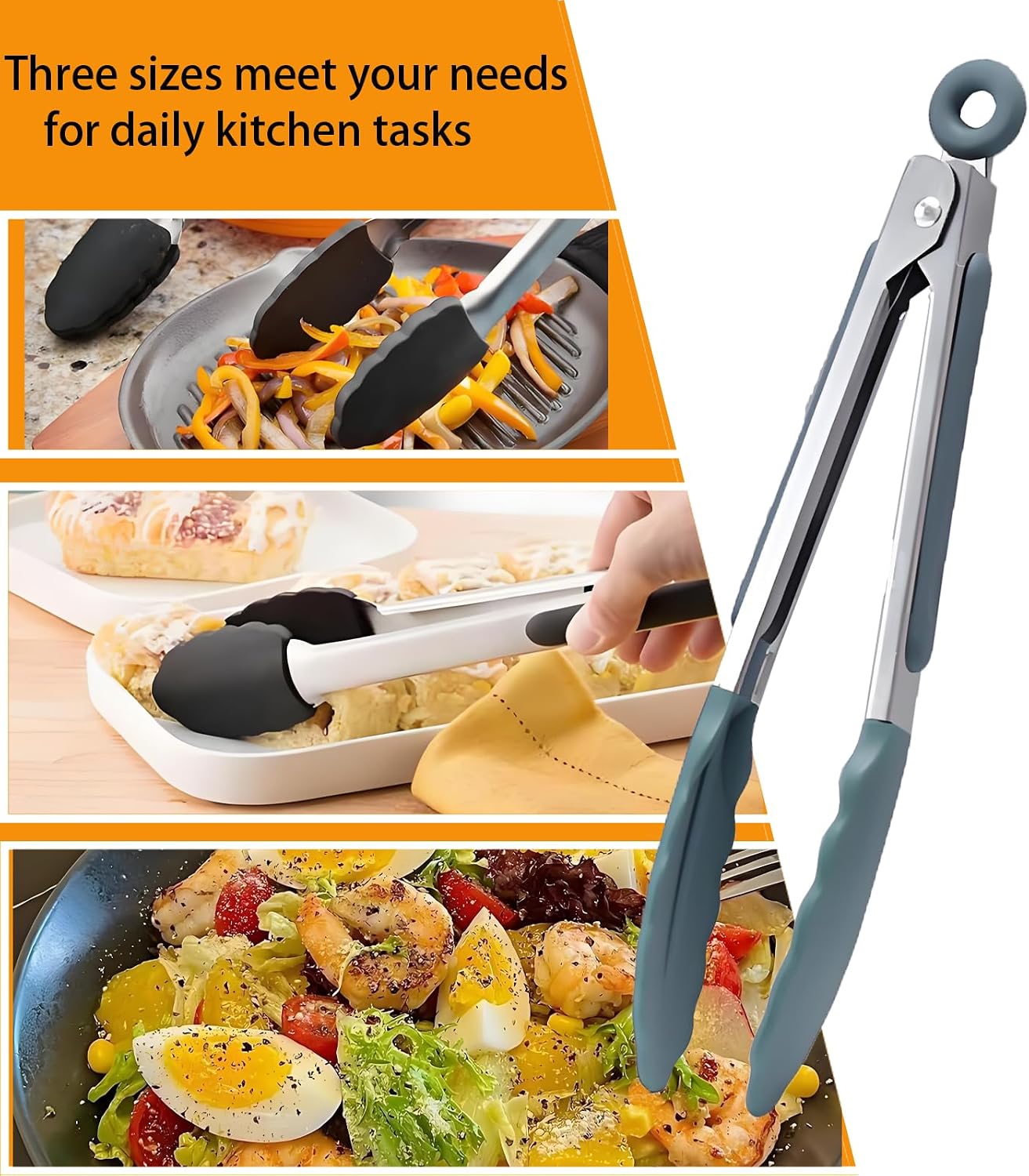 Kitchen Tongs with Silicone Tips,Tongs for Cooking Heat Resistant 600 Degrees Stainless Steel Locking Tongs,Grass Green Set of 3-7", 9" and 12"