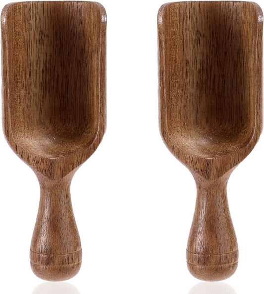 2pcs Mini Acacia Wood Coffee Spoons, Multipurpose Tablespoon Scoops Small Wooden Measuring Spoons Kitchen Tool for Jars Canisters Containers Ground Coffee Bean Sugar Spices