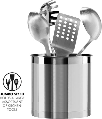 Stainless Steel Jumbo Utensil Holder - 7" Utensil Caddy, Weighted Base for Stability - Extra Large Utensil Crock and Countertop Utensil Organizer, Stainless Steel