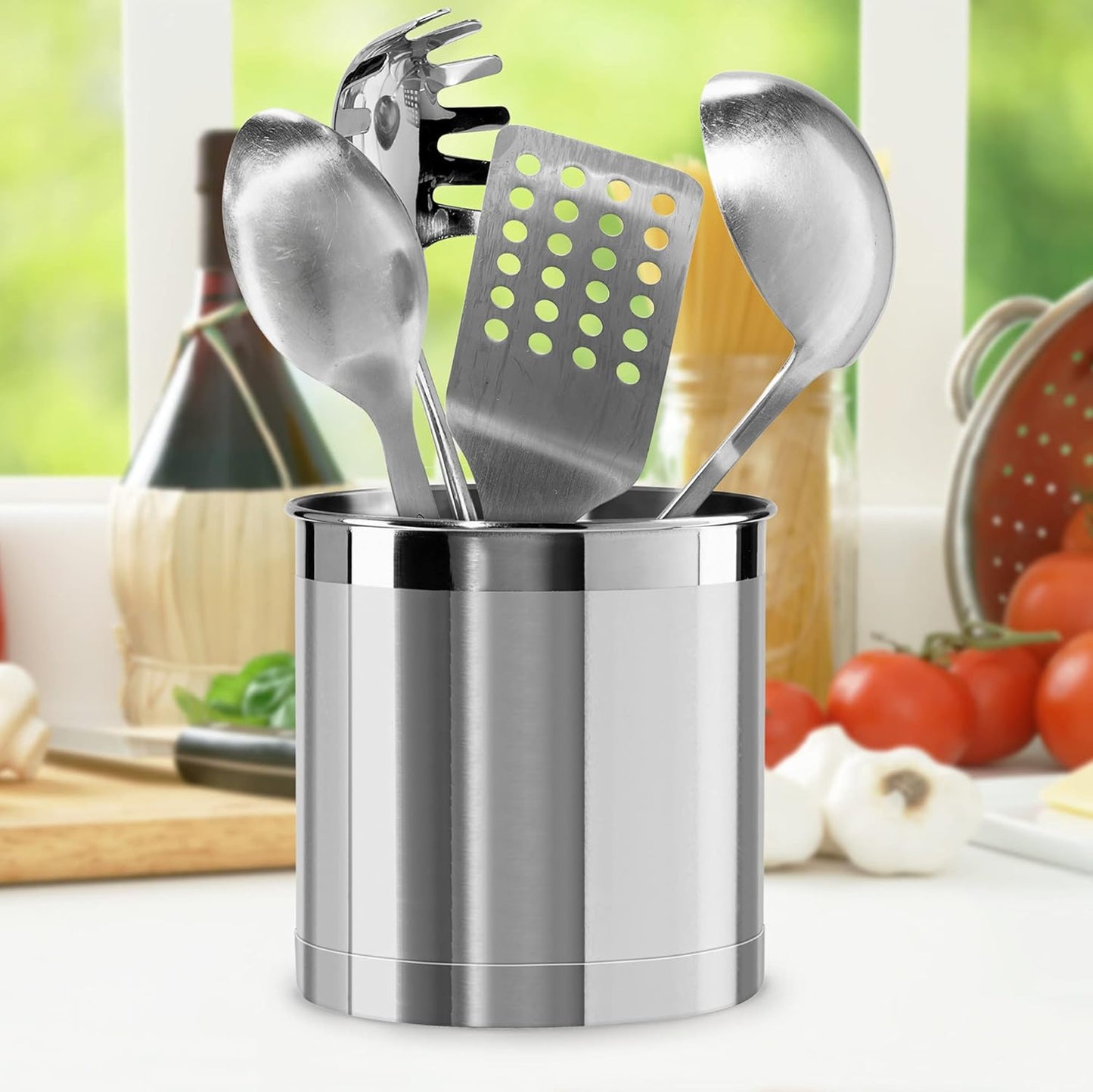 Stainless Steel Jumbo Utensil Holder - 7" Utensil Caddy, Weighted Base for Stability - Extra Large Utensil Crock and Countertop Utensil Organizer, Stainless Steel