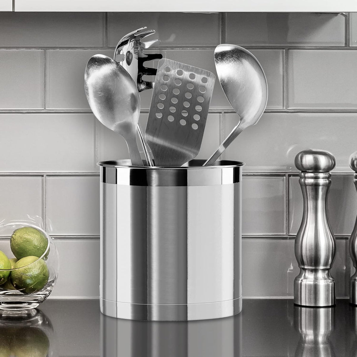 Stainless Steel Jumbo Utensil Holder - 7" Utensil Caddy, Weighted Base for Stability - Extra Large Utensil Crock and Countertop Utensil Organizer, Stainless Steel