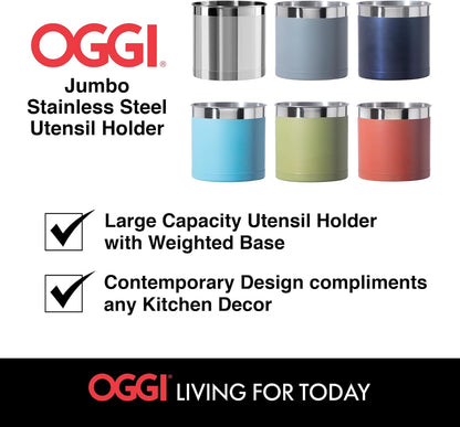 Stainless Steel Jumbo Utensil Holder - 7" Utensil Caddy, Weighted Base for Stability - Extra Large Utensil Crock and Countertop Utensil Organizer, Stainless Steel