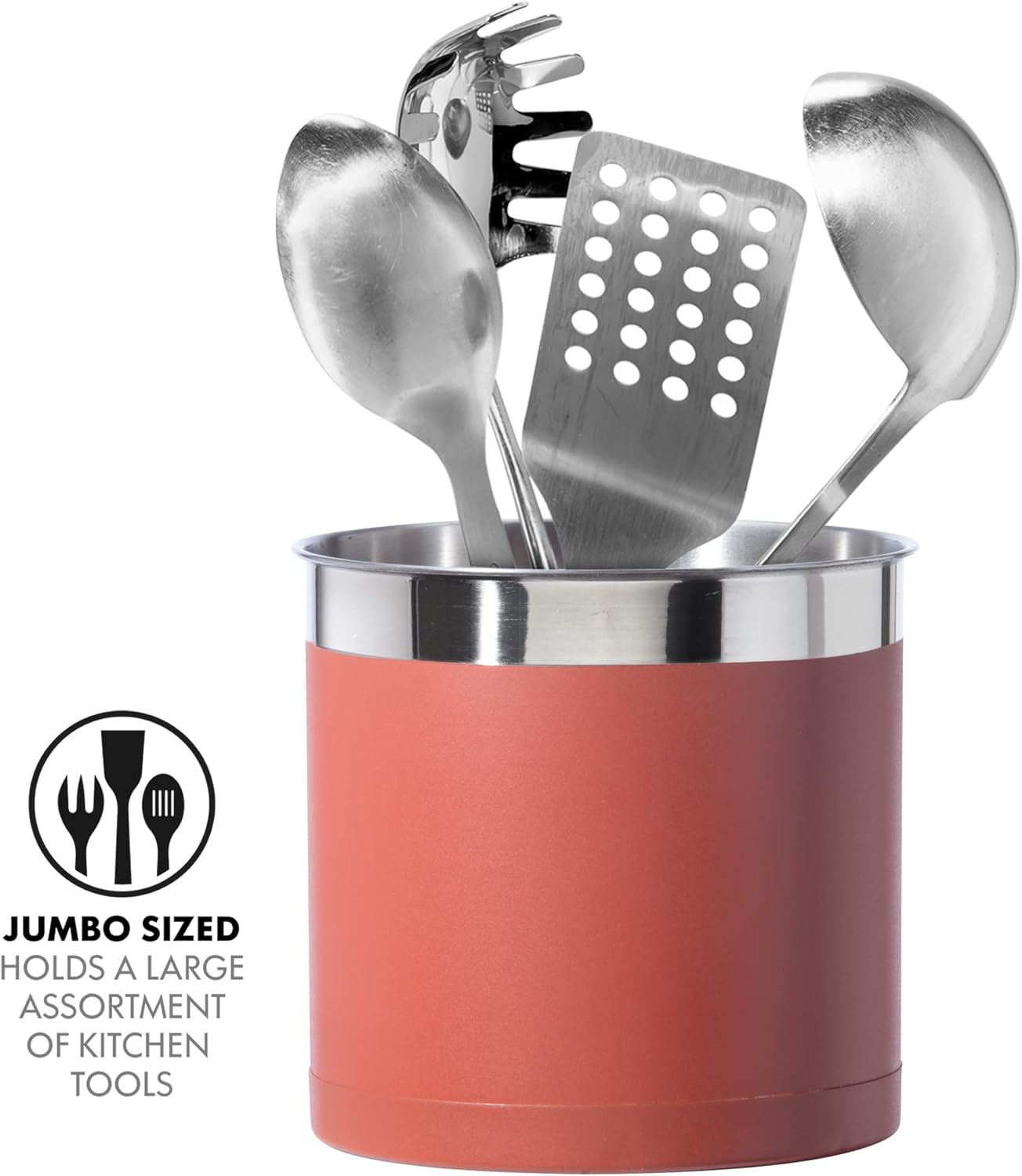 Stainless Steel Jumbo Utensil Holder - 7" Utensil Caddy, Weighted Base for Stability - Extra Large Utensil Crock and Countertop Utensil Organizer, Stainless Steel