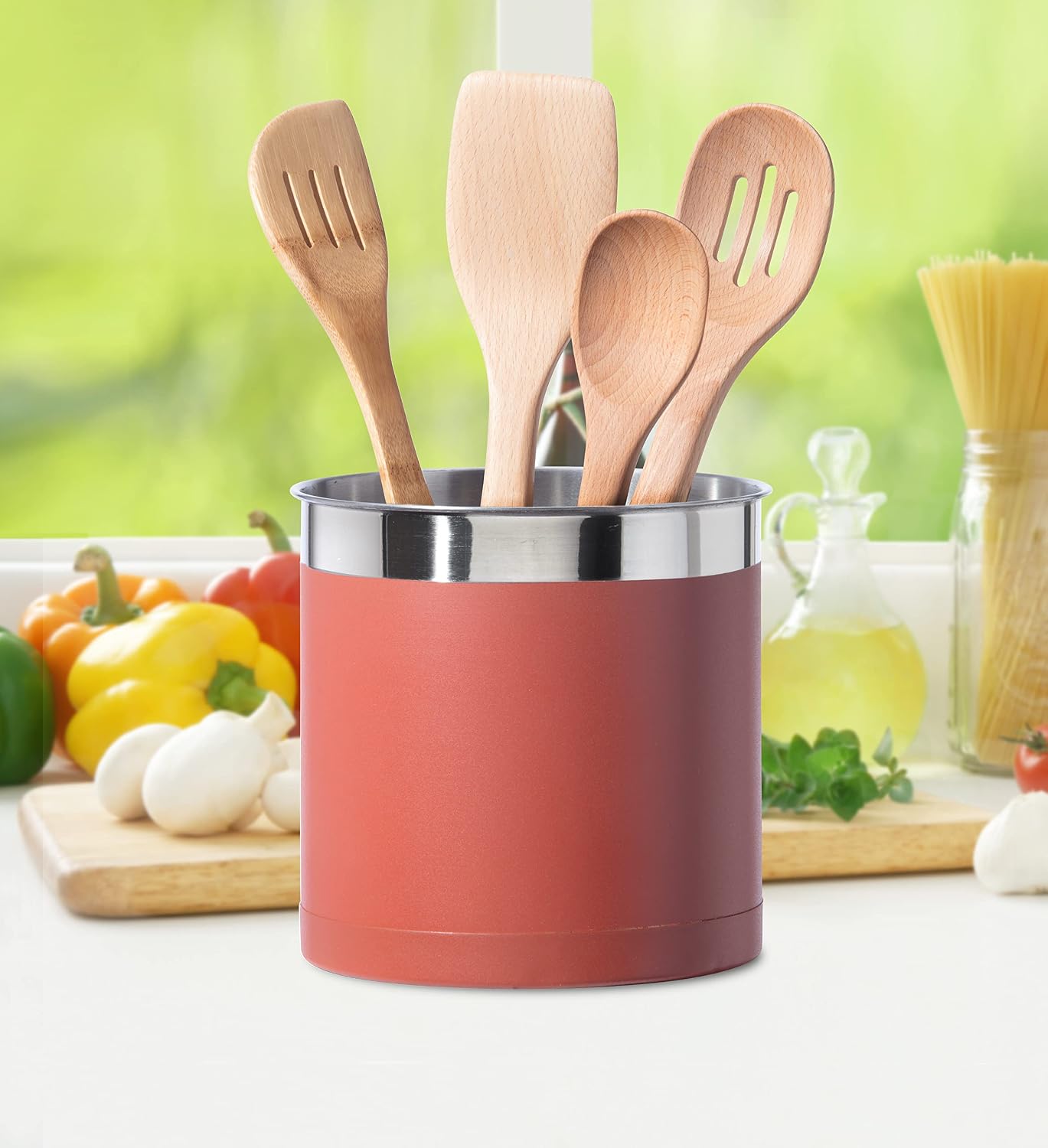Stainless Steel Jumbo Utensil Holder - 7" Utensil Caddy, Weighted Base for Stability - Extra Large Utensil Crock and Countertop Utensil Organizer, Stainless Steel