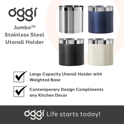 Stainless Steel Jumbo Utensil Holder - 7" Utensil Caddy, Weighted Base for Stability - Extra Large Utensil Crock and Countertop Utensil Organizer, Stainless Steel