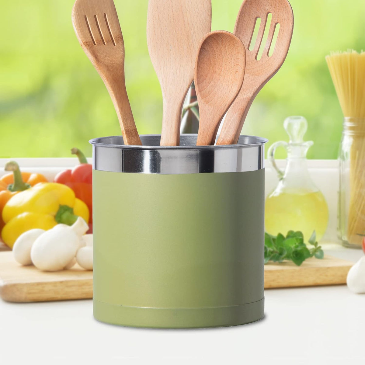 Stainless Steel Jumbo Utensil Holder - 7" Utensil Caddy, Weighted Base for Stability - Extra Large Utensil Crock and Countertop Utensil Organizer, Stainless Steel