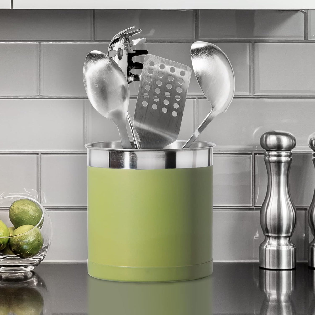Stainless Steel Jumbo Utensil Holder - 7" Utensil Caddy, Weighted Base for Stability - Extra Large Utensil Crock and Countertop Utensil Organizer, Stainless Steel