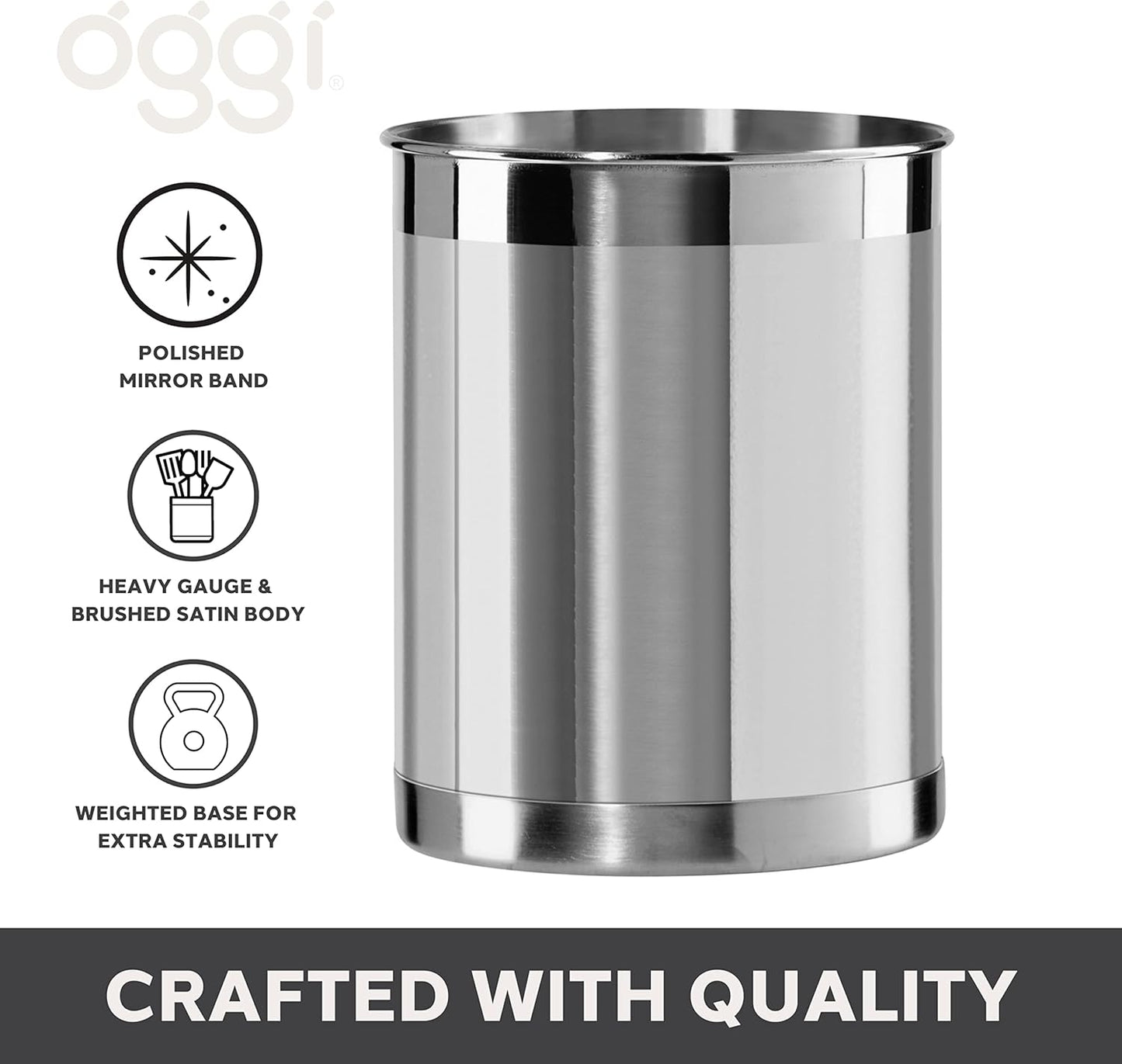 Stainless Steel Jumbo Utensil Holder - 7" Utensil Caddy, Weighted Base for Stability - Extra Large Utensil Crock and Countertop Utensil Organizer, Stainless Steel