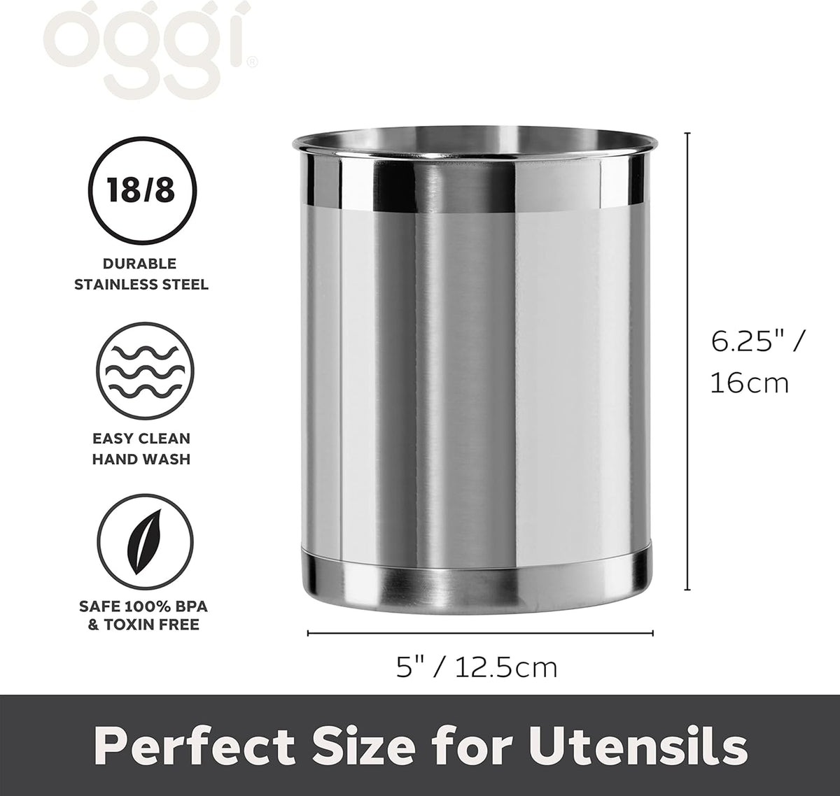 Stainless Steel Jumbo Utensil Holder - 7" Utensil Caddy, Weighted Base for Stability - Extra Large Utensil Crock and Countertop Utensil Organizer, Stainless Steel