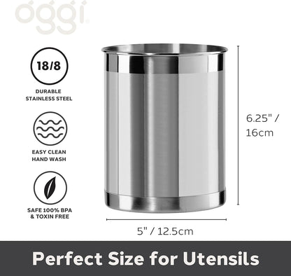 Stainless Steel Jumbo Utensil Holder - 7" Utensil Caddy, Weighted Base for Stability - Extra Large Utensil Crock and Countertop Utensil Organizer, Stainless Steel
