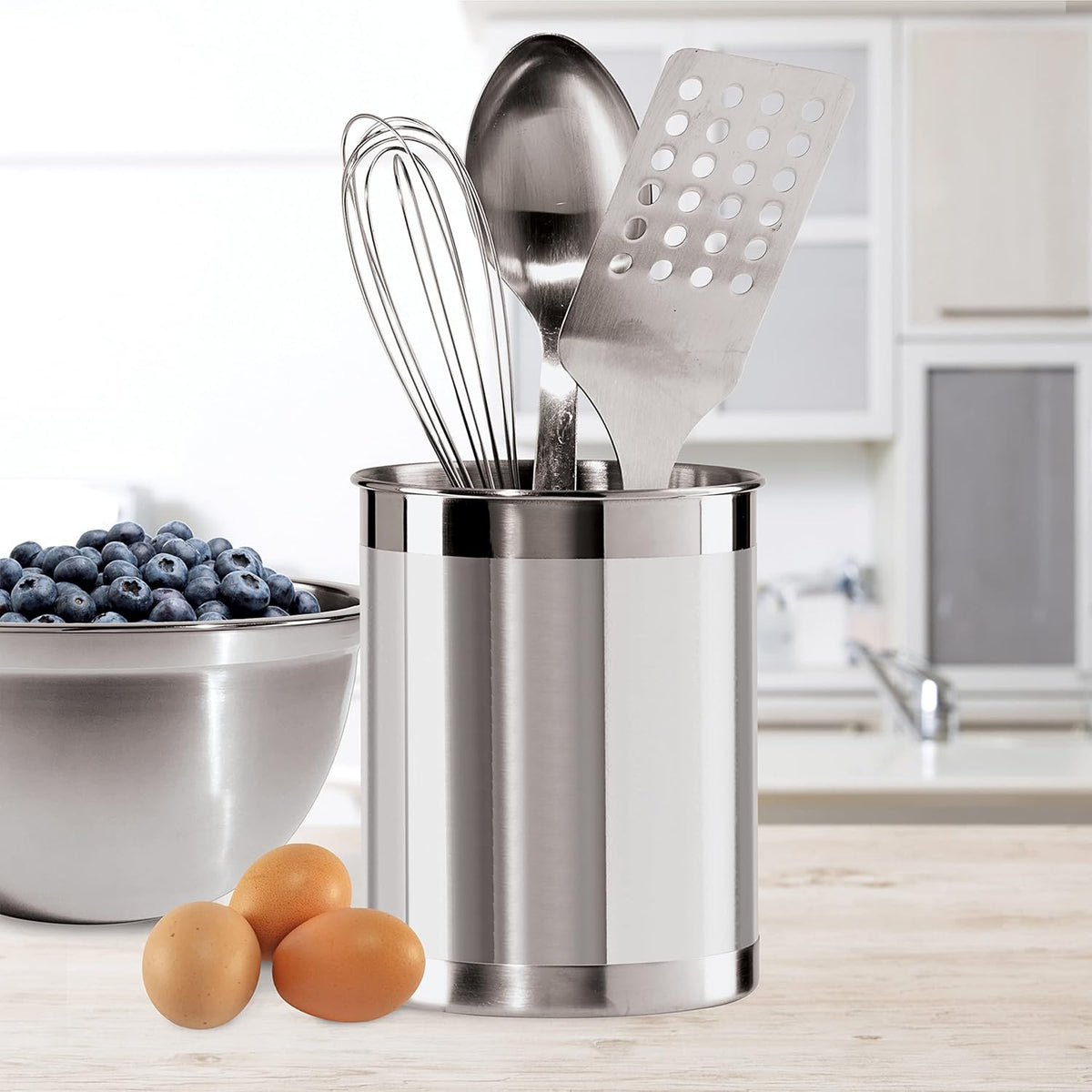Stainless Steel Jumbo Utensil Holder - 7" Utensil Caddy, Weighted Base for Stability - Extra Large Utensil Crock and Countertop Utensil Organizer, Stainless Steel