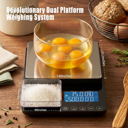 Dual Platform Kitchen Scale, Digital Food Scale with Dual Display, Two Scales in One for Heavy and Precise, 33lb/0.01g/0.001oz, Stainless Steel, 7 Units Tare, for Baking, Sourdough, Cooking