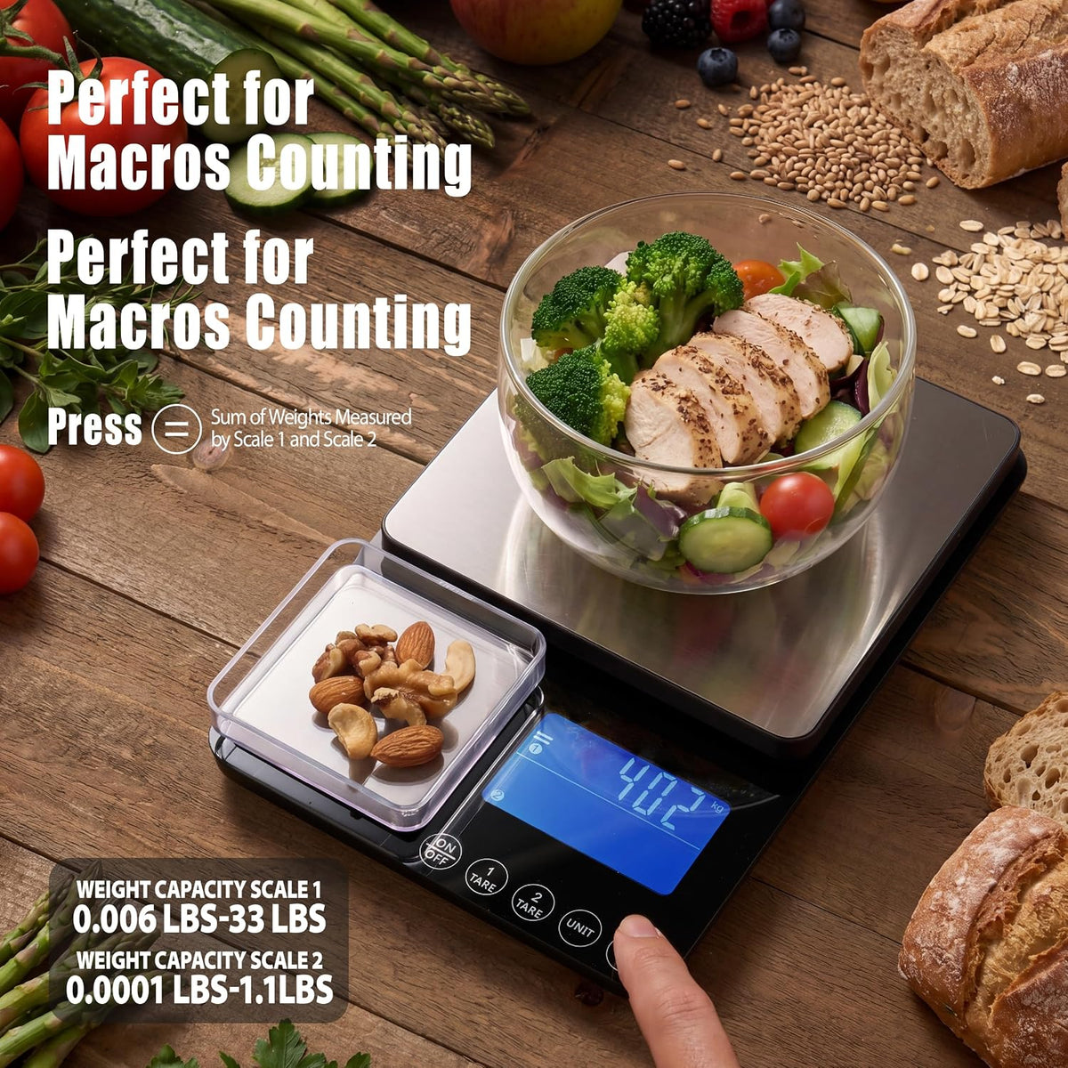 Dual Platform Kitchen Scale, Digital Food Scale with Dual Display, Two Scales in One for Heavy and Precise, 33lb/0.01g/0.001oz, Stainless Steel, 7 Units Tare, for Baking, Sourdough, Cooking