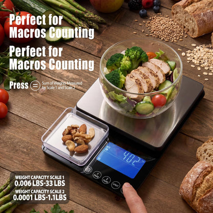 Dual Platform Kitchen Scale, Digital Food Scale with Dual Display, Two Scales in One for Heavy and Precise, 33lb/0.01g/0.001oz, Stainless Steel, 7 Units Tare, for Baking, Sourdough, Cooking