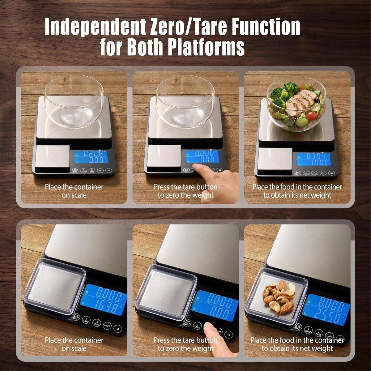 Dual Platform Kitchen Scale, Digital Food Scale with Dual Display, Two Scales in One for Heavy and Precise, 33lb/0.01g/0.001oz, Stainless Steel, 7 Units Tare, for Baking, Sourdough, Cooking