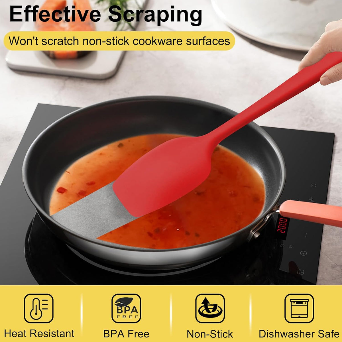 4 Pcs Silicone Spoon Spatula Set, 600°F Heat Resistant (Black)