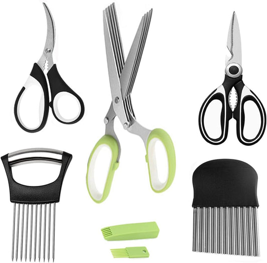 5-Blade Herb Scissors, Kitchen Shears, Seafood Scissors, Onion Holder Slicer and Potato Crinkle Cutter, Kitchen Gadget Salad Herb Tools 5 Sets