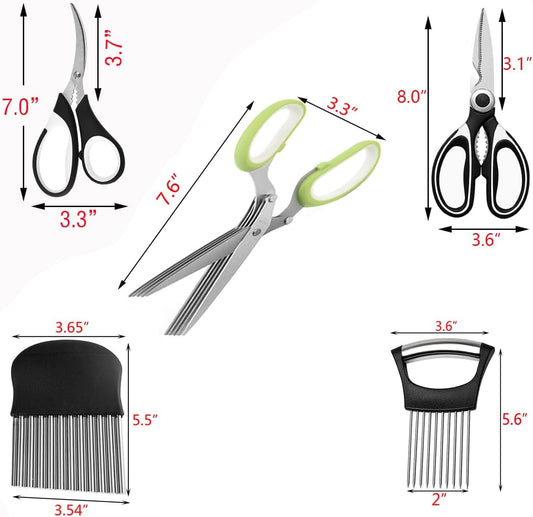 5-Blade Herb Scissors, Kitchen Shears, Seafood Scissors, Onion Holder Slicer and Potato Crinkle Cutter, Kitchen Gadget Salad Herb Tools 5 Sets