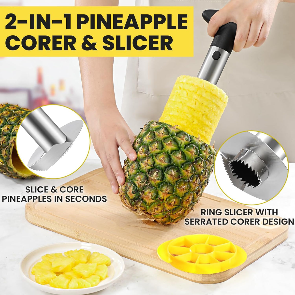 Pineapple Corer and Slicer Tool with Sharp Serrated Tips, Black