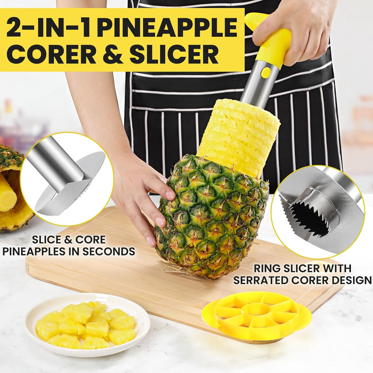 Pineapple Corer and Slicer Tool with Sharp Serrated Tips, Black