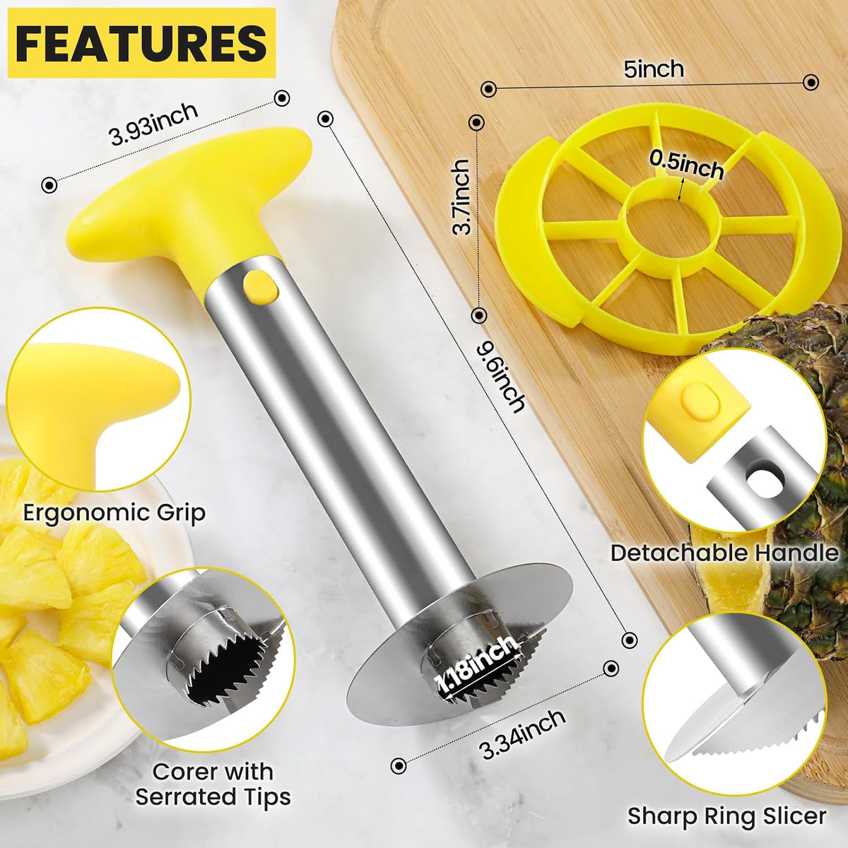 Pineapple Corer and Slicer Tool with Sharp Serrated Tips, Black