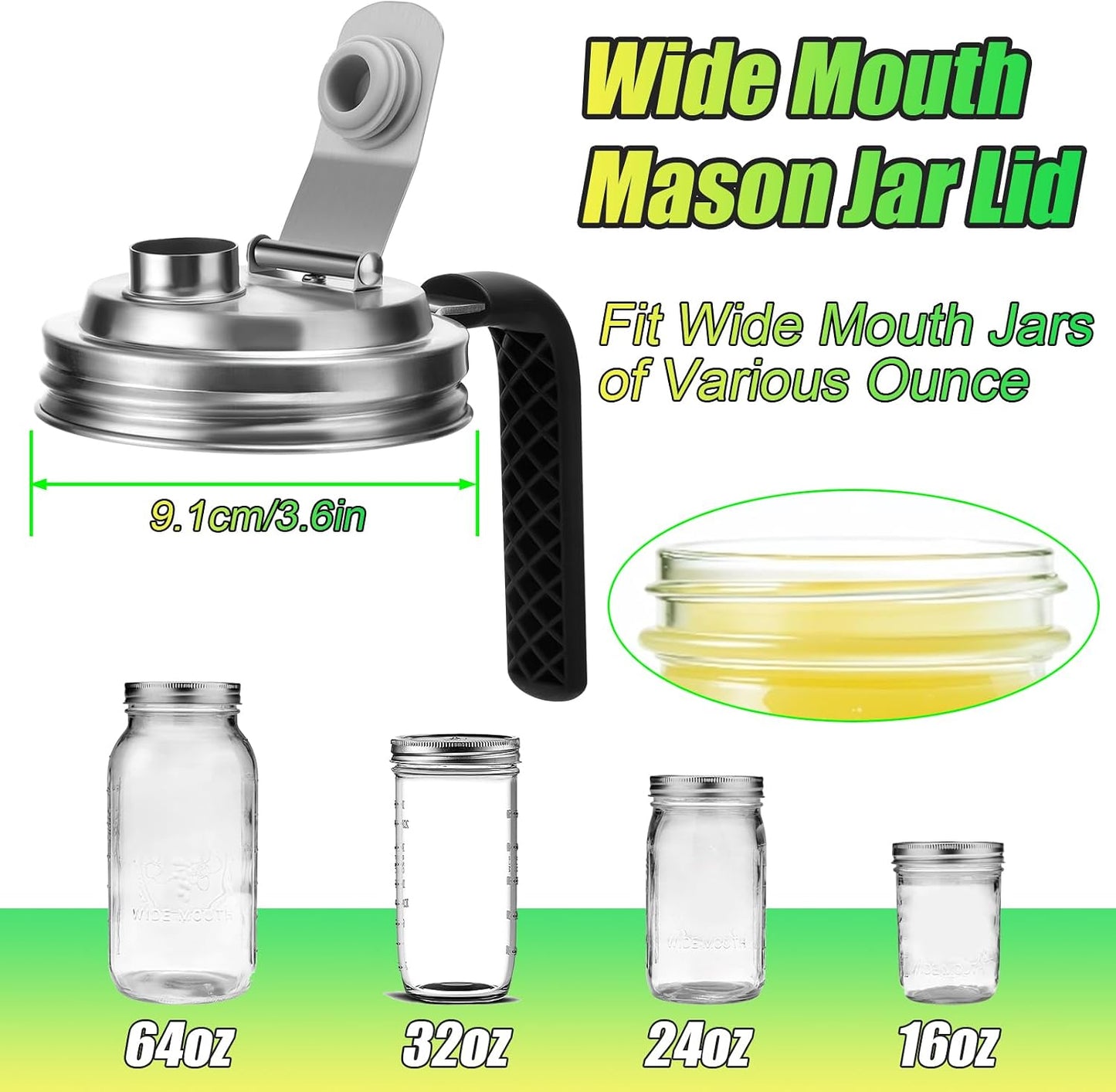 Mason Jar Pour Spout Lid Stainless Steel with Handle, Wide Mouth Pour Spout Flip Cap Lids for Mason Jars, Anticracking Leak Proof Seal Cover Airtight for Drinking Salad Dressing & Food Storing(2PCS)