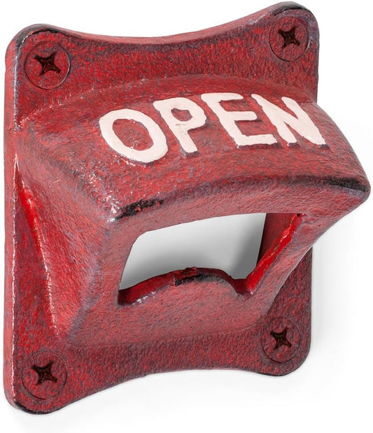 Square Open Wall Bottle Opener | Wall-Mounted Bottle Opener, Cast Iron, Mounting Screws Included, Antique Red, 2.5"SQ