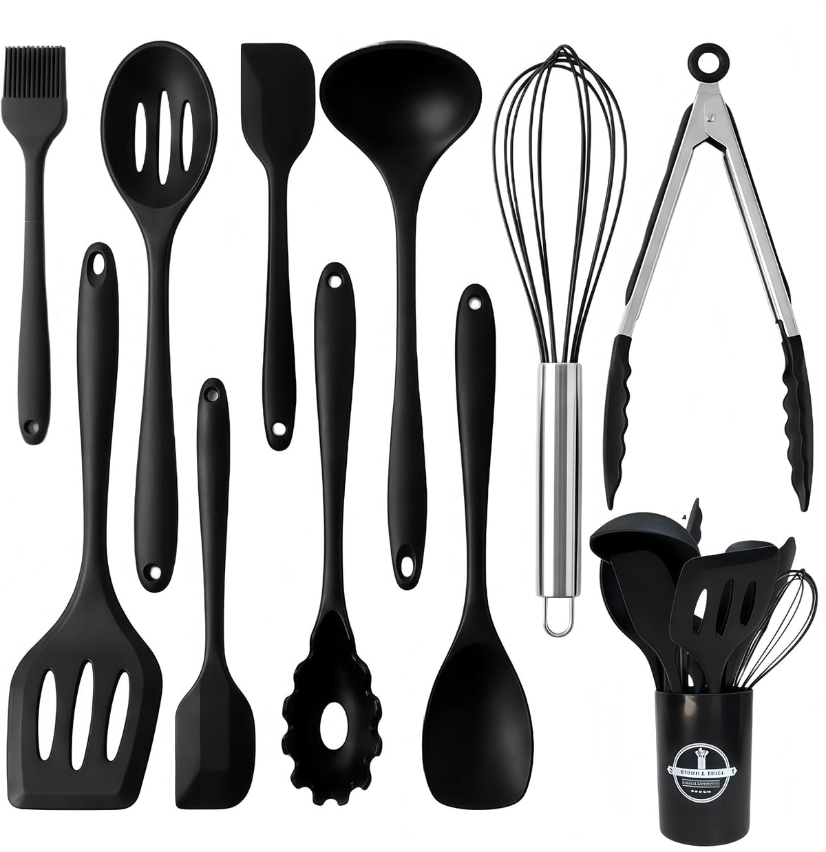 Silicone Kitchen Utensils Set,10 PCS Cooking Kitchen Utensils Set, Nonstick Kitchen Utensils 446°F Heat-Resistant Cookware Kitchen Tools of Spoon,Brush,Whisk,Spatula,Turner Tongs(Black)