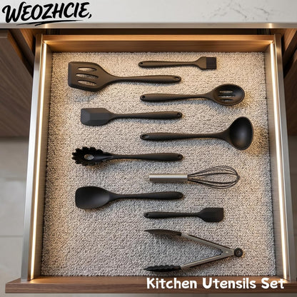 Silicone Kitchen Utensils Set,10 PCS Cooking Kitchen Utensils Set, Nonstick Kitchen Utensils 446°F Heat-Resistant Cookware Kitchen Tools of Spoon,Brush,Whisk,Spatula,Turner Tongs(Black)