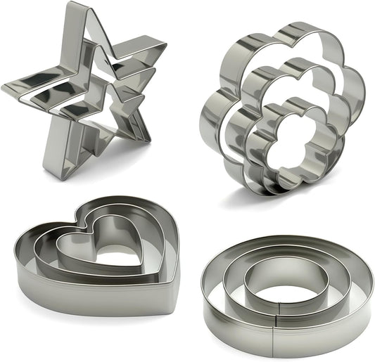 Metal Cookie Cutters Set of 12 - Heart, Flower, Round, Star Shapes