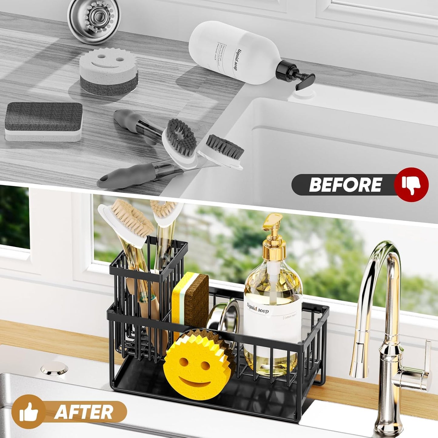 Sponge Holder for Kitchen Sink,Smiley Face Sink Caddy with Removable Brush Holder,Self-Draining Sponge Caddy for Sponge,Soap,Dish Brush,Scrubber,Kitchen Essentials and Gadgets