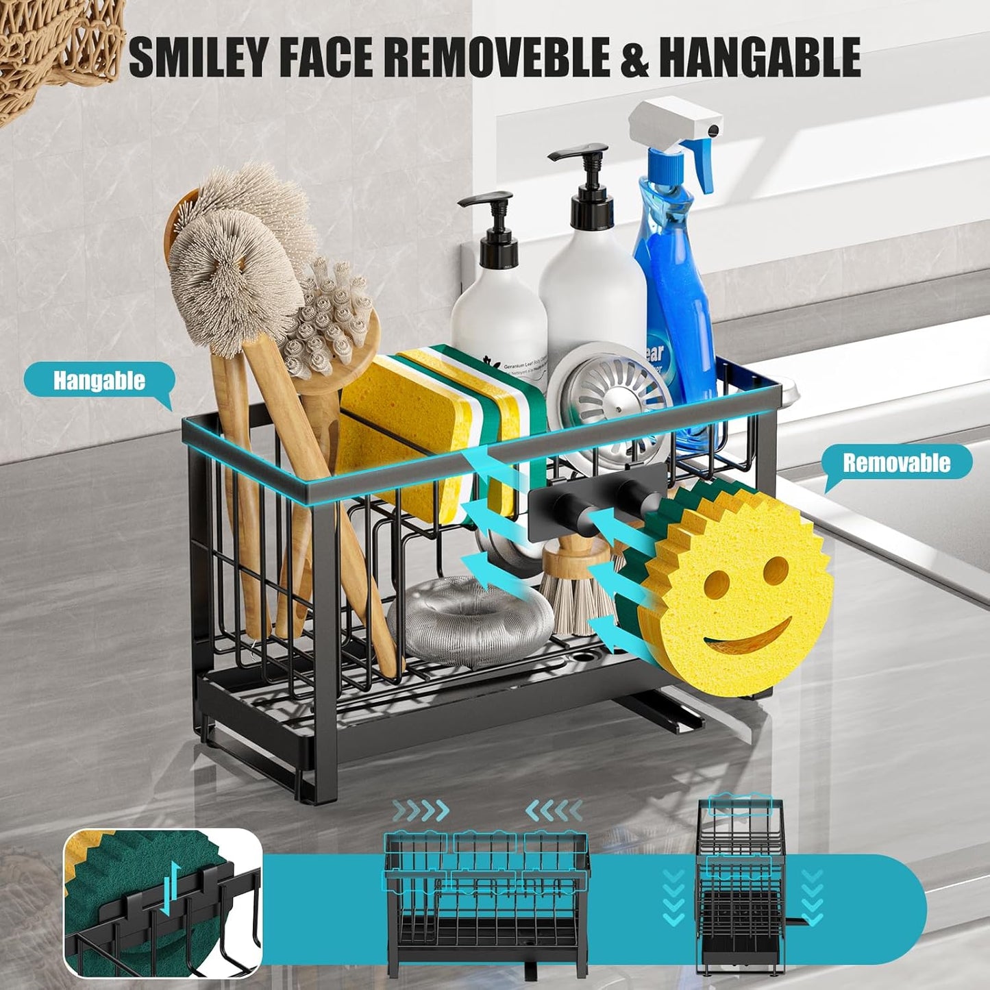 Sponge Holder for Kitchen Sink,Smiley Face Sink Caddy with Removable Brush Holder,Self-Draining Sponge Caddy for Sponge,Soap,Dish Brush,Scrubber,Kitchen Essentials and Gadgets