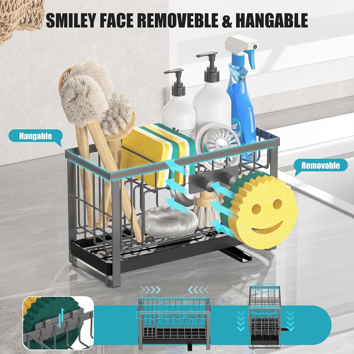 Sponge Holder for Kitchen Sink,Smiley Face Sink Caddy with Removable Brush Holder,Self-Draining Sponge Caddy for Sponge,Soap,Dish Brush,Scrubber,Kitchen Essentials and Gadgets