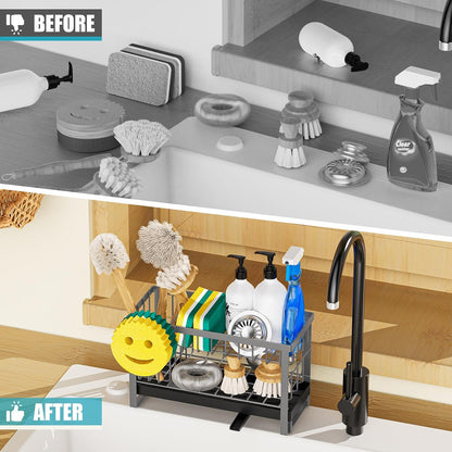 Sponge Holder for Kitchen Sink,Smiley Face Sink Caddy with Removable Brush Holder,Self-Draining Sponge Caddy for Sponge,Soap,Dish Brush,Scrubber,Kitchen Essentials and Gadgets