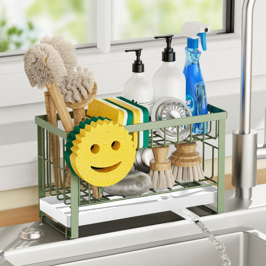 Sponge Holder for Kitchen Sink,Smiley Face Sink Caddy with Removable Brush Holder,Self-Draining Sponge Caddy for Sponge,Soap,Dish Brush,Scrubber,Kitchen Essentials and Gadgets