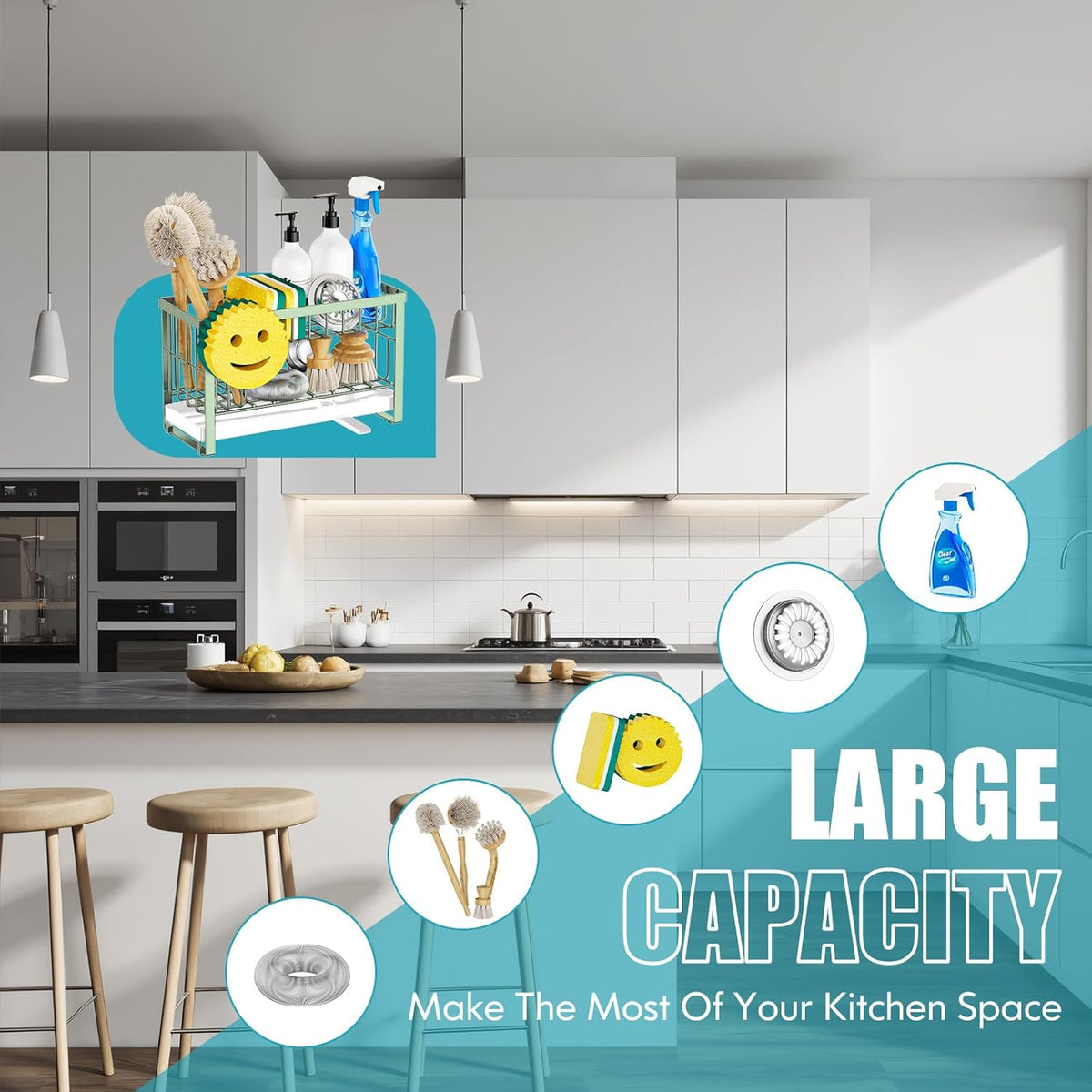 Sponge Holder for Kitchen Sink,Smiley Face Sink Caddy with Removable Brush Holder,Self-Draining Sponge Caddy for Sponge,Soap,Dish Brush,Scrubber,Kitchen Essentials and Gadgets