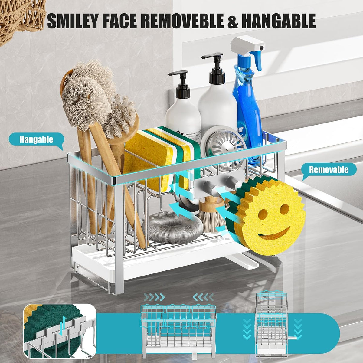 Sponge Holder for Kitchen Sink,Smiley Face Sink Caddy with Removable Brush Holder,Self-Draining Sponge Caddy for Sponge,Soap,Dish Brush,Scrubber,Kitchen Essentials and Gadgets