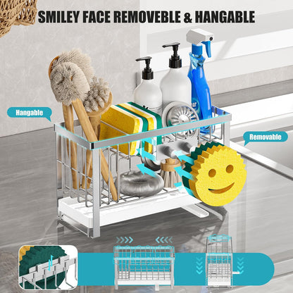 Sponge Holder for Kitchen Sink,Smiley Face Sink Caddy with Removable Brush Holder,Self-Draining Sponge Caddy for Sponge,Soap,Dish Brush,Scrubber,Kitchen Essentials and Gadgets