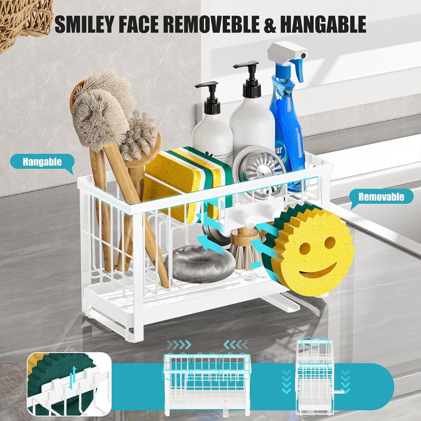 Sponge Holder for Kitchen Sink,Smiley Face Sink Caddy with Removable Brush Holder,Self-Draining Sponge Caddy for Sponge,Soap,Dish Brush,Scrubber,Kitchen Essentials and Gadgets