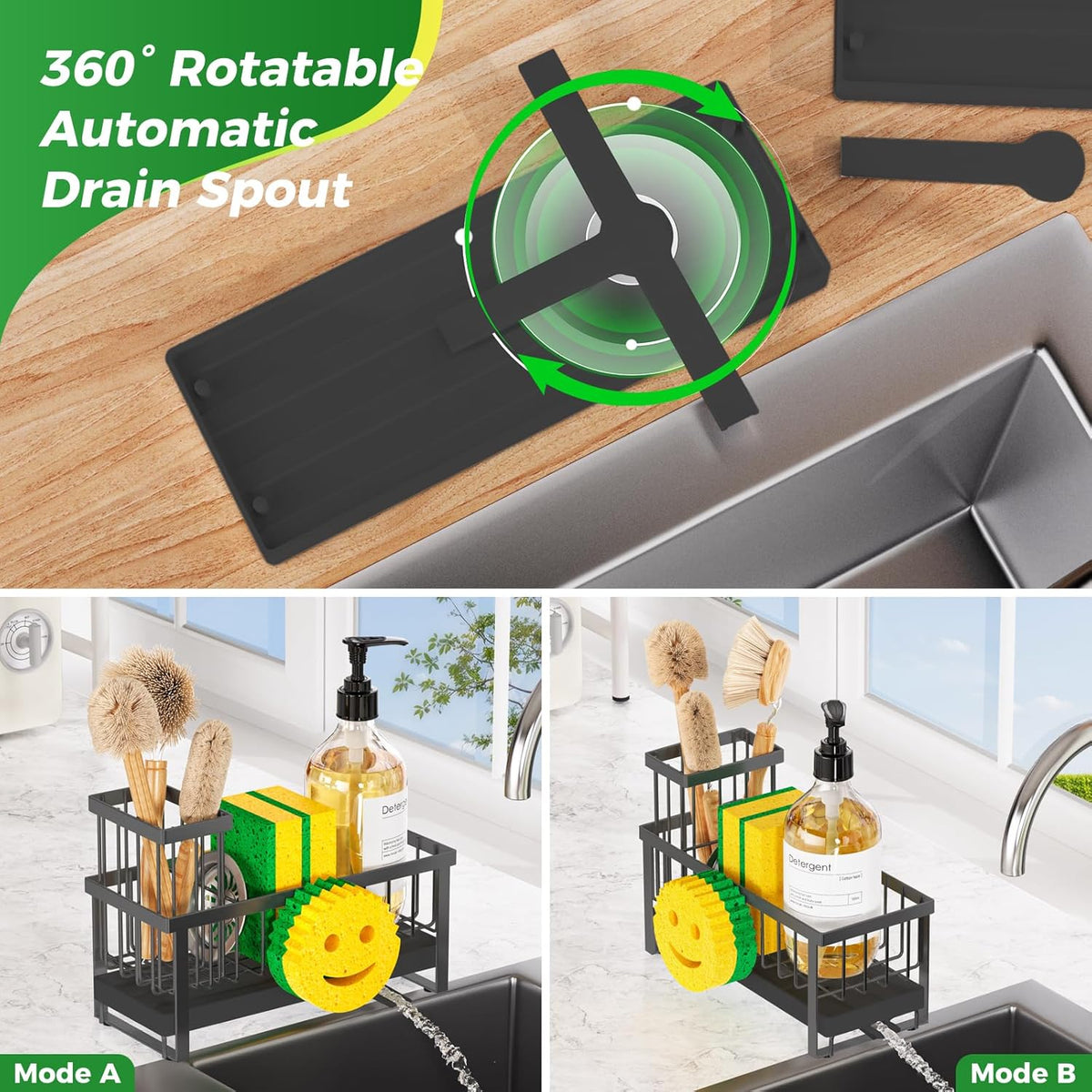 Sponge Holder for Kitchen Sink,Smiley Face Sink Caddy with Removable Brush Holder,Self-Draining Sponge Caddy for Sponge,Soap,Dish Brush,Scrubber,Kitchen Essentials and Gadgets