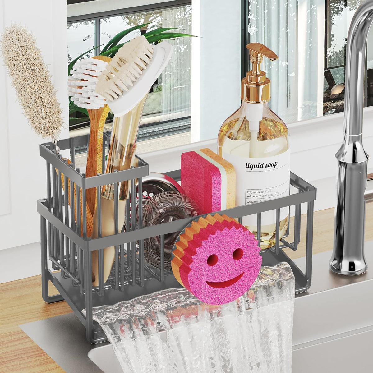 Sponge Holder for Kitchen Sink,Smiley Face Sink Caddy with Removable Brush Holder,Self-Draining Sponge Caddy for Sponge,Soap,Dish Brush,Scrubber,Kitchen Essentials and Gadgets