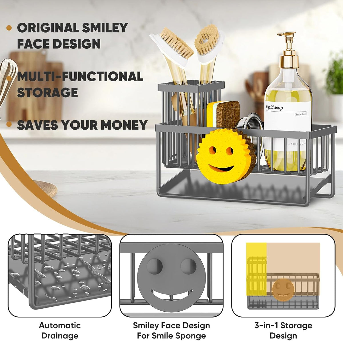 Sponge Holder for Kitchen Sink,Smiley Face Sink Caddy with Removable Brush Holder,Self-Draining Sponge Caddy for Sponge,Soap,Dish Brush,Scrubber,Kitchen Essentials and Gadgets