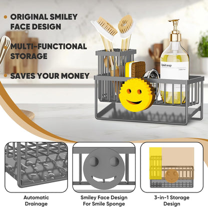 Sponge Holder for Kitchen Sink,Smiley Face Sink Caddy with Removable Brush Holder,Self-Draining Sponge Caddy for Sponge,Soap,Dish Brush,Scrubber,Kitchen Essentials and Gadgets