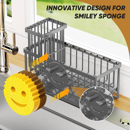 Sponge Holder for Kitchen Sink,Smiley Face Sink Caddy with Removable Brush Holder,Self-Draining Sponge Caddy for Sponge,Soap,Dish Brush,Scrubber,Kitchen Essentials and Gadgets